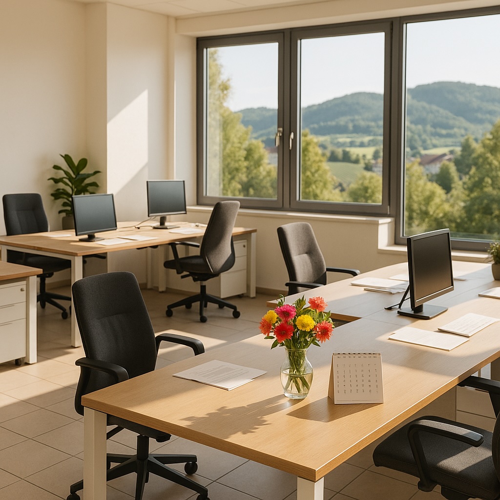 Immobilien Büro Ansicht mit Blick zum Pfälzerwald aus den Fenstern